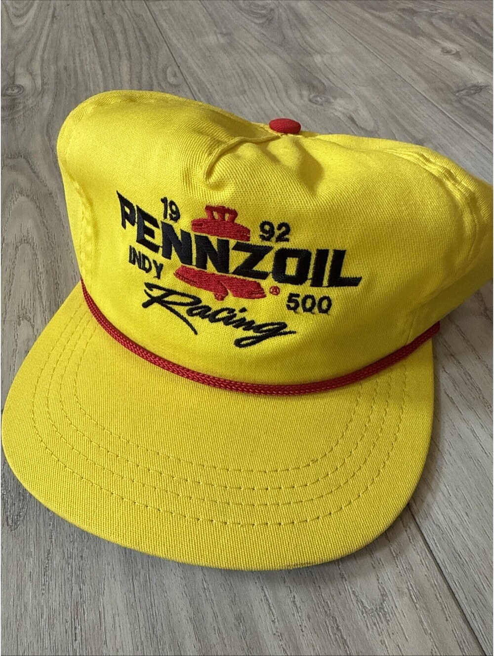 Vintage Pennzoil Yellow Racing Hat Red Rope Strap back Made In USA
